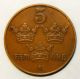 Sweden 5 Ore 1934 Extremely Fine Copper Coin Europe photo 1