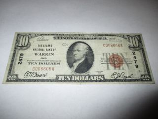$10 1929 Warren Ohio Oh National Currency Bank Note Bill Ch.  2479 Vf photo