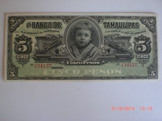 Mexican Revolution Banco De Tamaulipas 5 Pesos Banknote Peso Mexico Currency photo