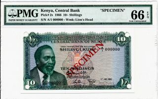 Central Bank Kenya 10 Shillings 1966 Speci. ,  Prefix A/1 000000 Pmg 66epq photo