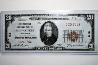 1929 Fr 1802 - 1$20 First Wisconsin National Bank Of Milwaukee National Bank Note. photo