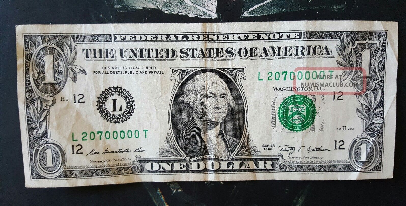 Us 2009 $1 Dollar,  Bold 7 Error And Unique Serial L20700000t Small Size Notes photo