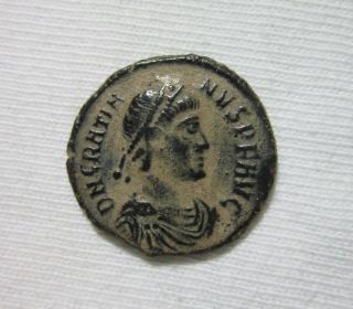 Ae 3.  Gratian,  Cyzicus,  367 - 383 Ad.  Roma Seated With Cross Reverse. photo