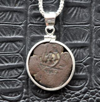 Authentic Pirate Shipwreck 1641 8 Maravedis Coin 925 Sterling Silver Necklace photo
