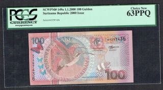 Suriname 100 Gulden 2000 Unc - Pcgs 63ppq Choice P149 photo