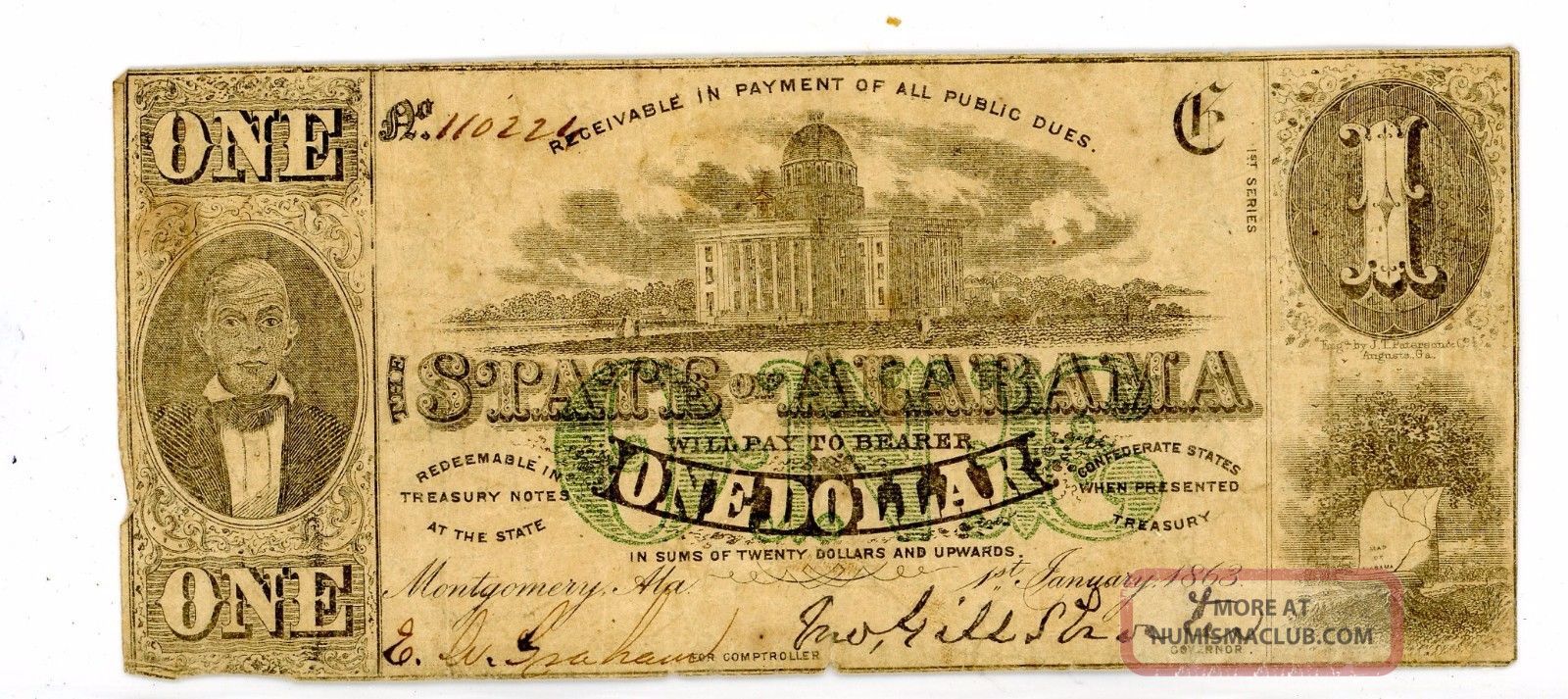 State Of Alabama $1 One Dollar Civil War Era Confederate Currency Note 1863 Paper Money: US photo