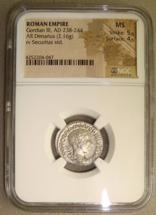 Ad 238 - 244 Gordian Iii Ancient Roman Silver Denarius Ngc Ms (state) 5/5 4/5 photo