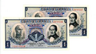 Colombia … P - 404a … 1 Peso … 1959 … Unc … Consecutive Pair photo