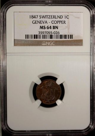 Switzerland 1 Centime 1847 Ngc Ms 64 Bn Unc Geneva Copper photo