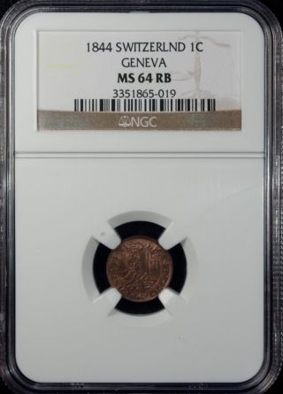 Switzerland 1 C 1844 Ngc Ms 64 Rb Unc Geneva Copper Highest Grade Received photo
