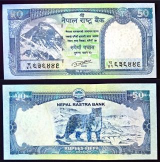 50 Rupees Nepal Currency 2015 Printing Mt.  Everest,  Obverse Snow Leopard Unc photo