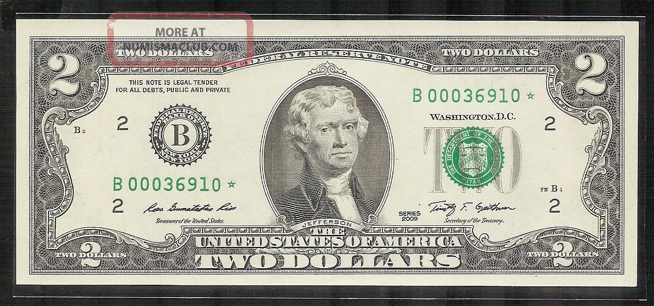 2009 2$ Dollar Star Note Frb B York Seri B00036910 Unc - Rare Small Size Notes photo