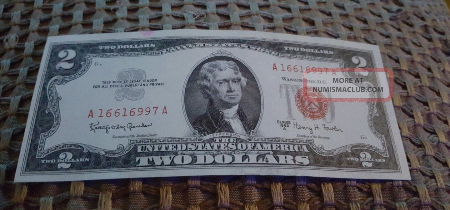 Series 1963 $2 Two Dollar Bill Red Seal United States Note Crisp Uncirculated Small Size Notes photo