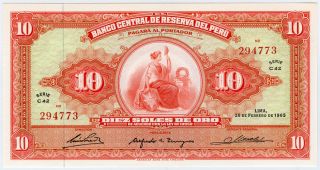 Peru 1965 Issue 10 Soles Banknote Crisp Unc.  Pick 84a. photo