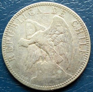 . 835 Silver 1895 Chile 1 Un Peso Km 152.  1 Condor Type Toned Circ 35mm 700 photo