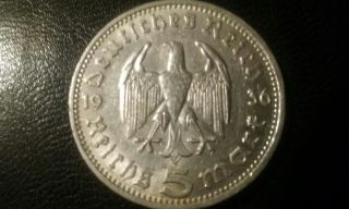 1936 D Germany 5 Mark.  900 Silver Coin.  This Is In Very photo