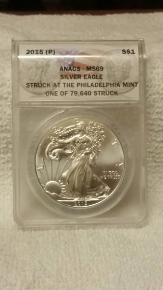 2015 (p) Silver Eagle Silver Dollar,  Ms - 69,  Philadelphia,  79,  640,  Rare photo