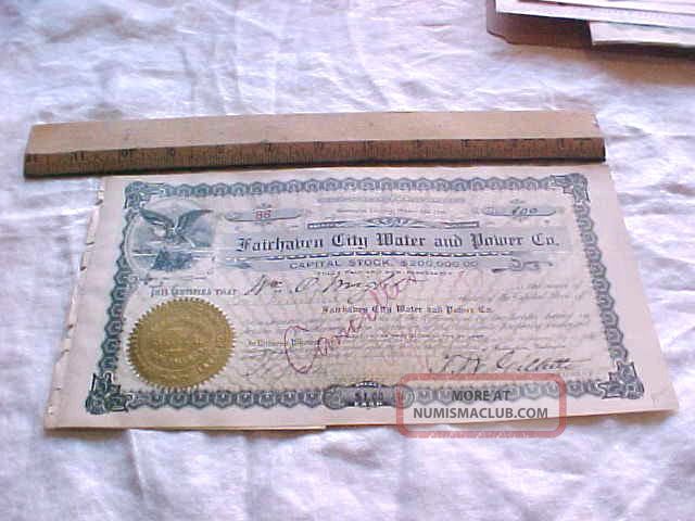 1905 Fairhaven City Water Power Washington Territory Stock Certificate 86 Stocks & Bonds, Scripophily photo