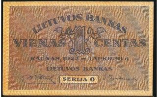 Lithuania Bank Of Lithuania 1 Centas 16.  11.  1922 Pick 7a A/unc photo