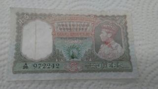 1937 British India 5 Rupees King George Vi Rare British Gb Uk Bank Note. photo