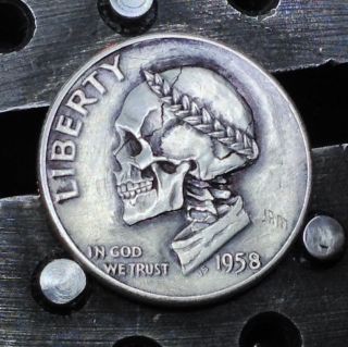 101 1958 Silver Dime Hobo Skull W Roman Laurel Hand Carved Engraved Coin By Jam photo