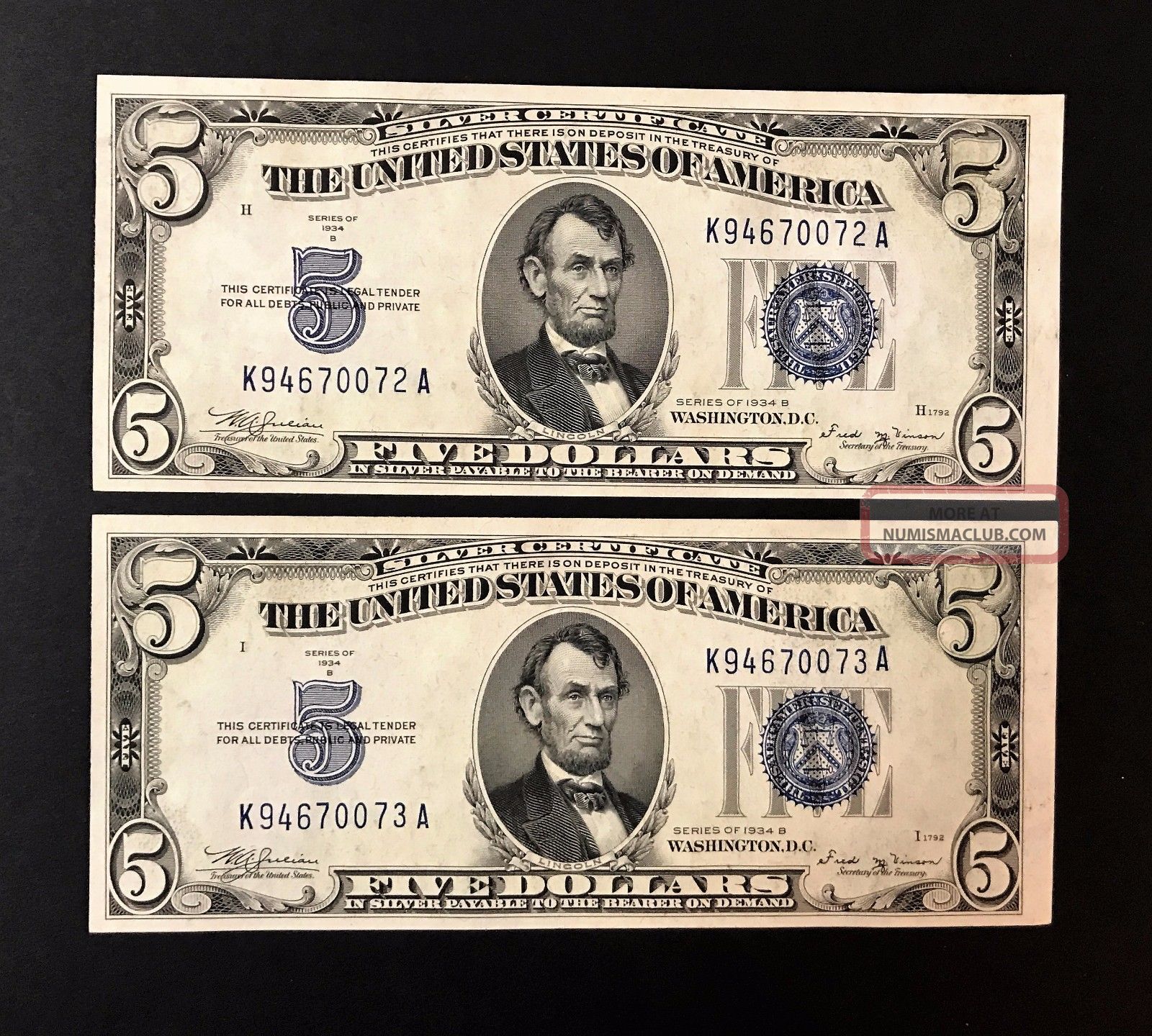 Fr1652 1934b $5 Silver Certificate Sequential Serial ' S (k - A Block) Fred Vinson Small Size Notes photo