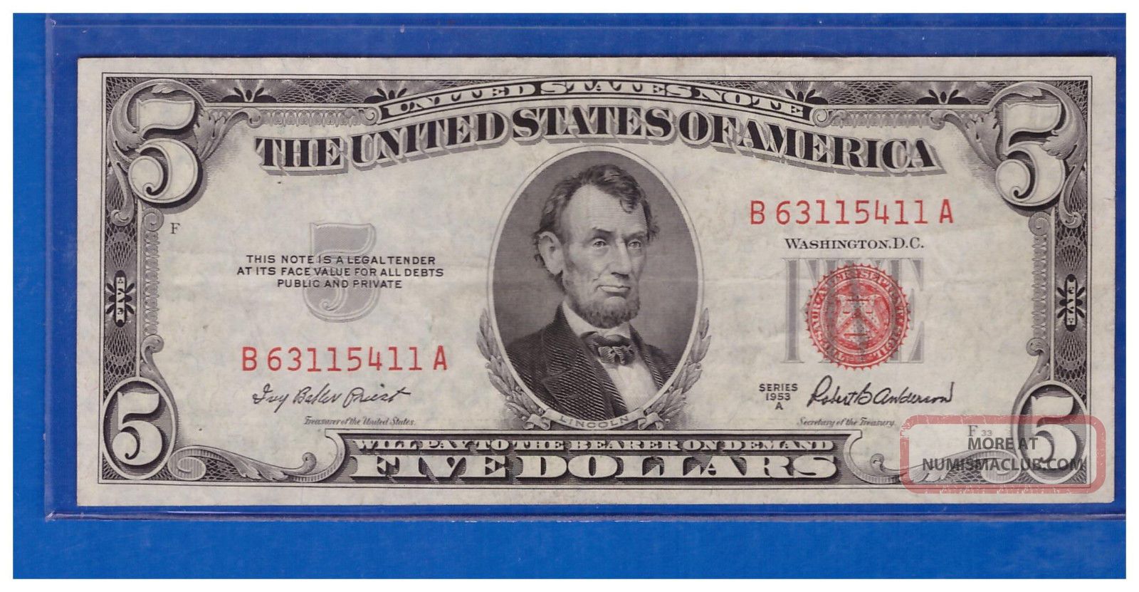 1953a Series $5 Dollar Bill Red Seal United States Currency Lt - M298 Small Size Notes photo