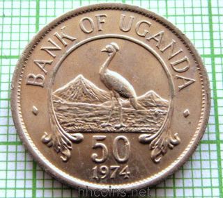 Uganda 1974 50 Cents,  East African Crowned Crane,  Unc Lustre photo
