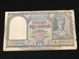 India 1947 King George Vi 10 Rupees With Burma Overprint [fine Condition] photo