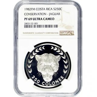 Costa Rica 250 Colones 1982 Fm Silver Coin Conservation Jaguar Ngc Pf - 69 Km 212 photo