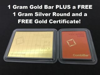 1 Gram Valcambi Suisse.  9999 Fine Gold Bar,  Gold Cert.  & 1g Silver Bar photo