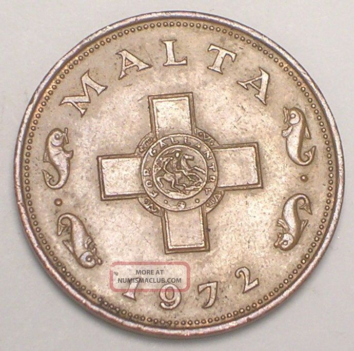 1972 Malta Maltese One 1 Cent St.  George Cross Dolphins Coin Vf, Other European Coins photo