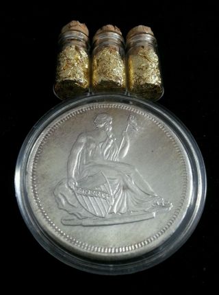 1 Troy Oz.  999 Fine Silver Shielded Liberty Round,  3.  5ml Jars 24k Gold Flake photo