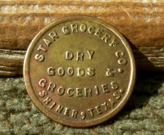 Ca 1900s Shiner Texas Tx (sm Town,  Lavaca Co) Dry Goods Grocery Brass 5c Token photo