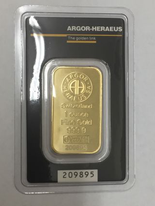 1 Oz Gold Bar - Argor - Heraeus.  999,  Fine Assay Card photo