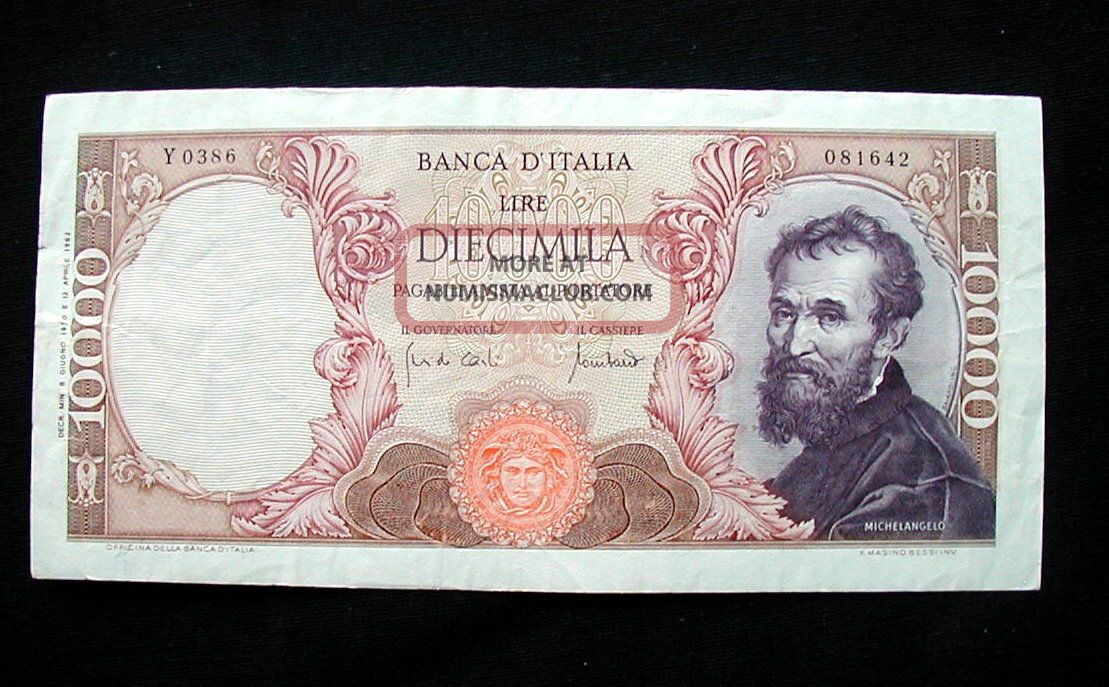 1970 Italy Banknote 10000 Lire Michelangelo Vf, Europe photo