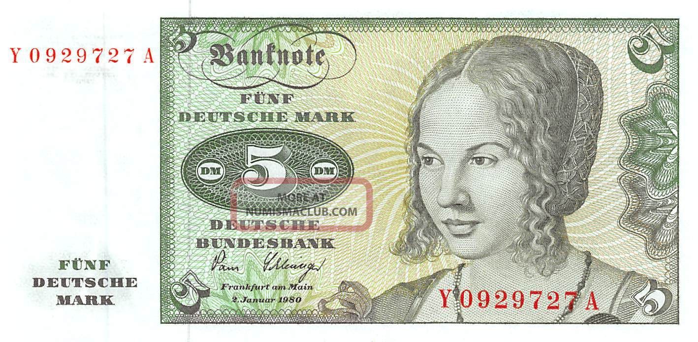 Germany 5 Deutsche Mark 2.  1.  1980 Series Y - A Uncirculated Banknote E517jq Europe photo