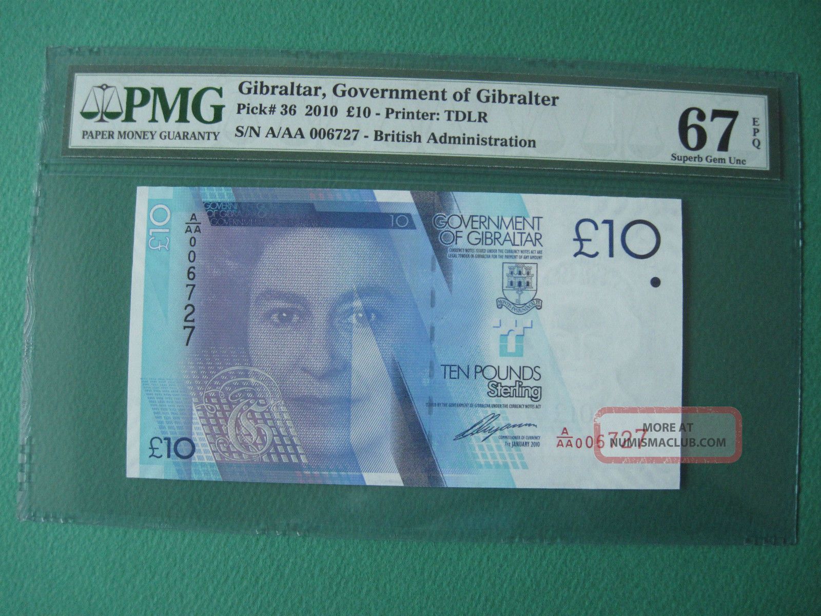 2010 Gibraltar Government 10 Pounds Aaa006 S/n.  Pmg 67 Epq Gem Unc Europe photo