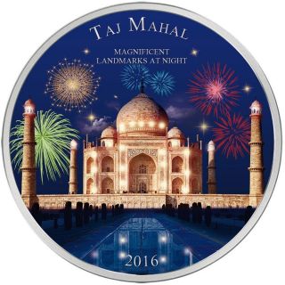 Ivory Coast 2016 2000 Fr Landmarks At Night Taj Mahal 2oz Silver Coin photo