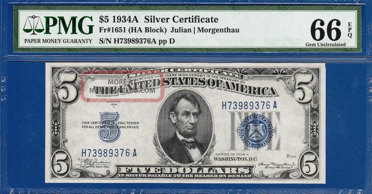 1934a $5 Silver Certificate Blue Seal Ha Block Pmg Gem Uncirculated Cu 66epq C2c Small Size Notes photo