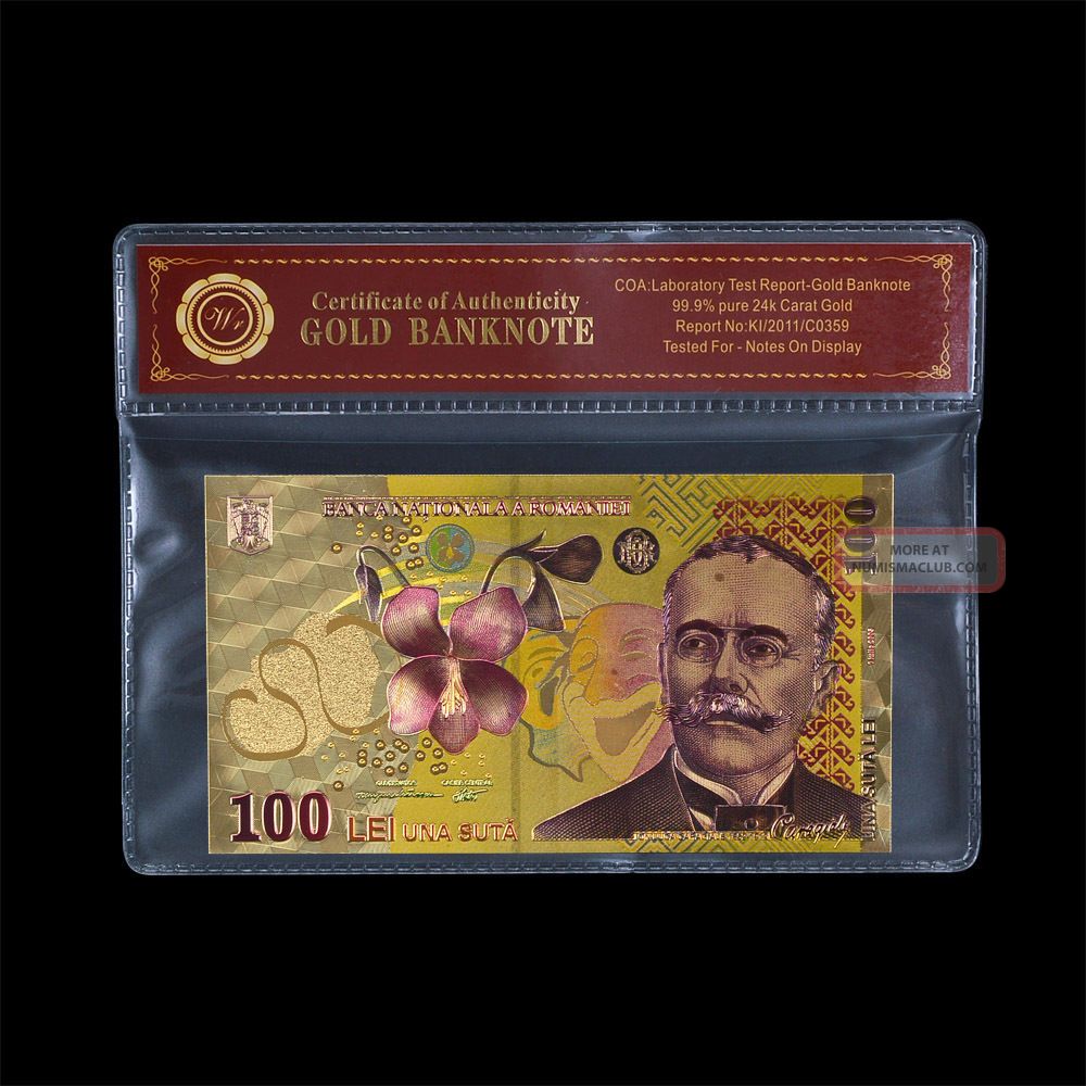 Wr Romania Gold Banknote Colored 100 Lei Real Gold Polymer Note With Europe photo