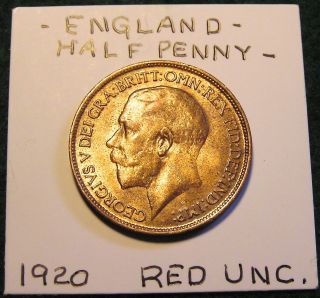 1920 Half Penny From England - Choice Brilliant Red Uncirculated - photo