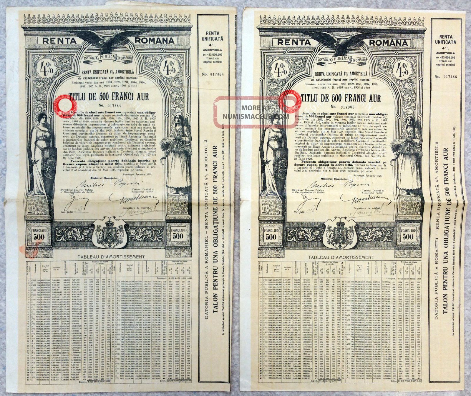 Romania 1929 - Renta Romana 4 - 2x Titlu De 500 Franci Aur Stocks & Bonds, Scripophily photo