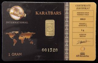 1 Gram Karatbars.  999 Fine Gold Bar W/serial (k1066) photo