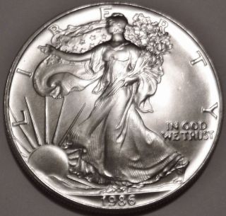 1986 American Silver Eagle 1 Oz.  999 Silver 1st Year Inaugural Issue Coin Bu photo