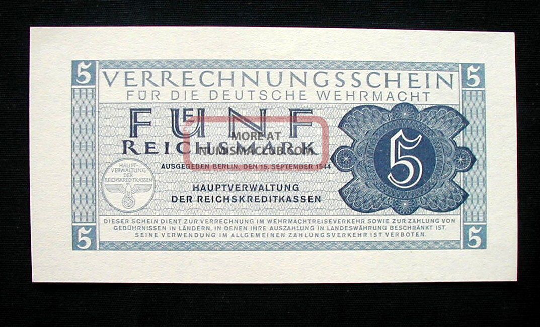 1944 Germany Military Banknote Wehrmacht 5 Reichmark Unc Europe photo