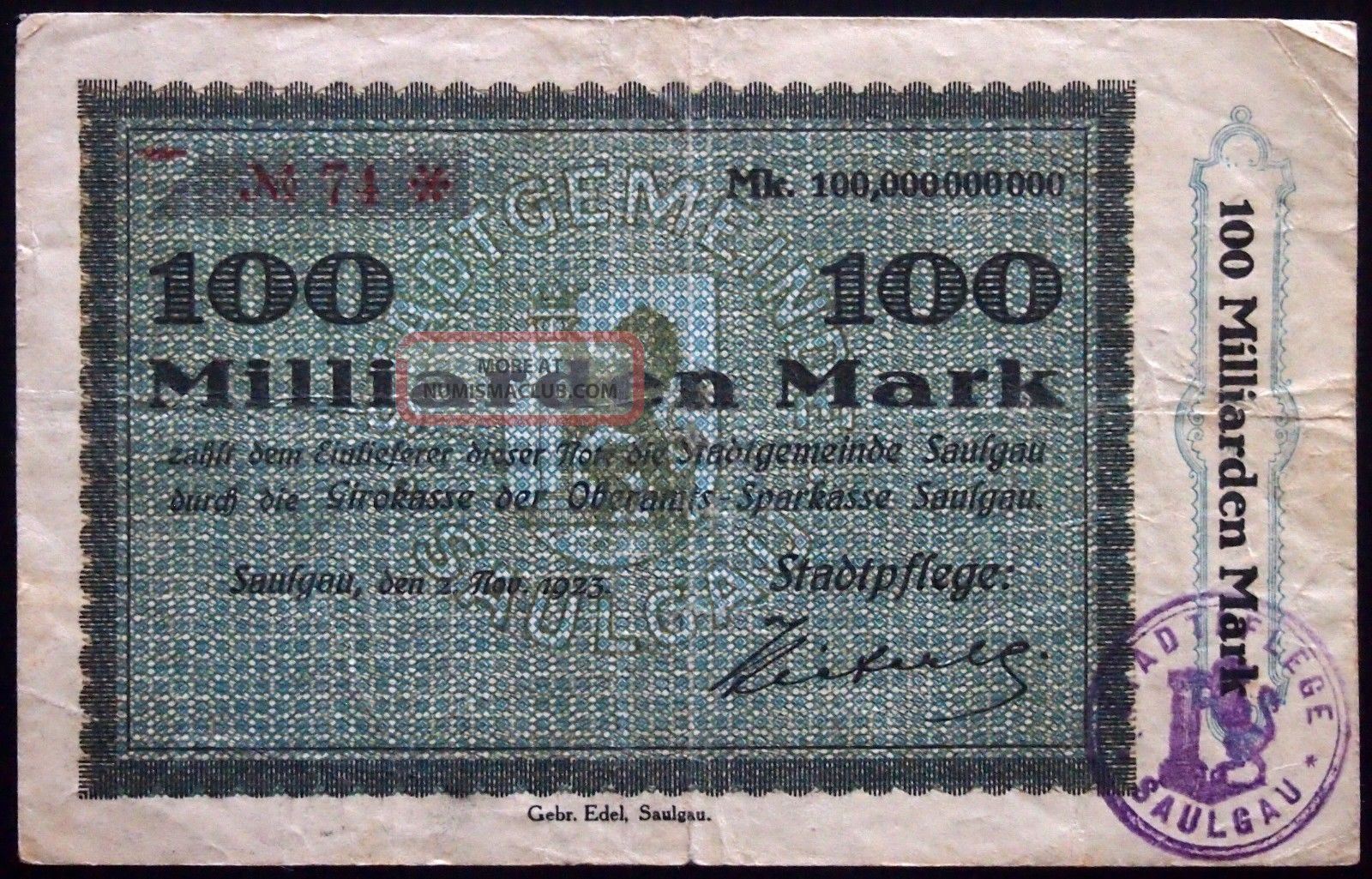 Saulgau 1923 2 - Digit Serial 100 Billion Mark Inflation Notgeld German Banknote Europe photo