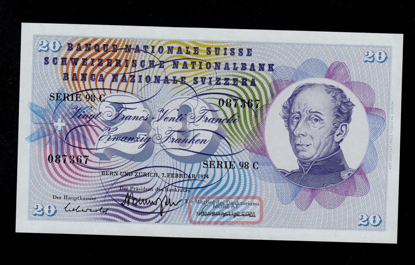 Switzerland 20 Franken 1974 Sign.  42 Pick 46v Unc Banknote. Europe photo
