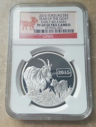 2015 1 Troy Oz.  999 Silver Coin Tokelau Year Of The Goat Ngc Proof Pf69 Uc Er photo