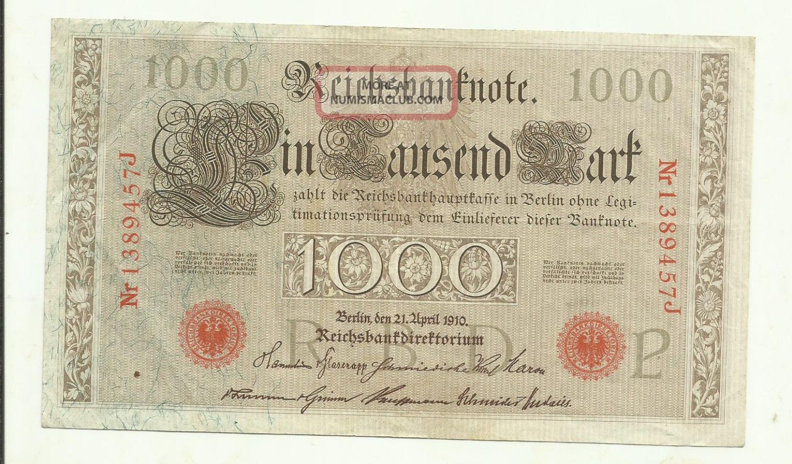 Germany 1.  000 Mark 1910 1389457j Circulated Banknote Europe photo